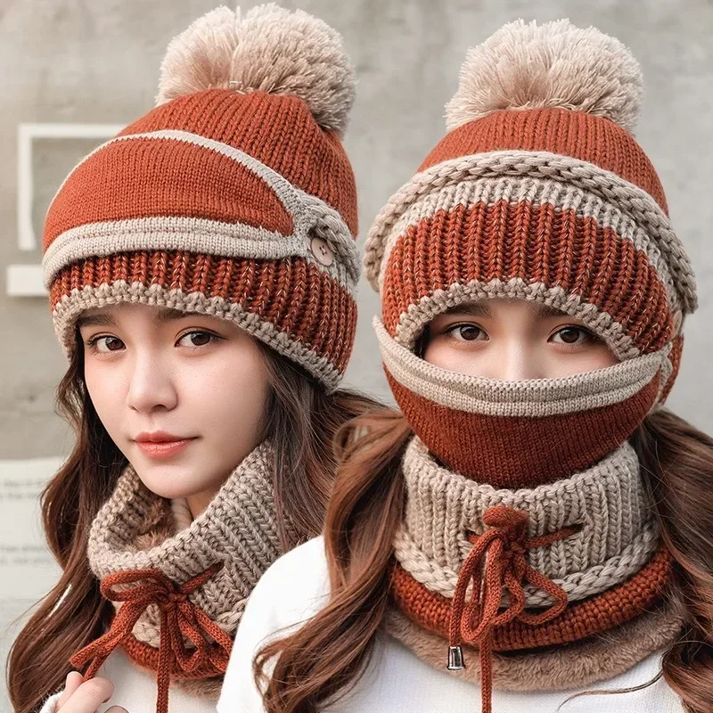 Winter Woolen Yarn Hat Warm Knitted Hat Sweet Cute Mask Neck Set Striped Knitted Hat Women Girl Autumn Winter Cute Turban Cap