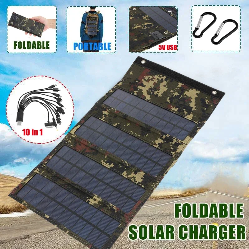 50W Foldable Solar Panel 10-in-1 USB Solar Cell Outdoor Travel Camping Hiking Folding Bag Power Bank for Mobile Phone Laptop