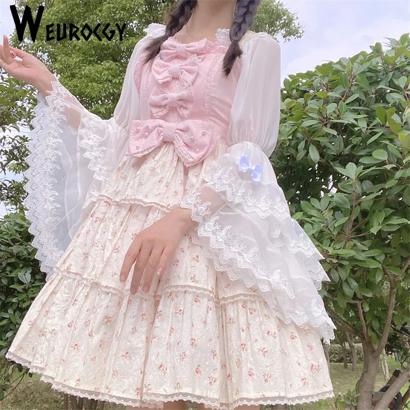 

Women Shirt 2023 Summer Y2k Japanese-Style Retro Personality Loose Versatile Bowknot Round Neck Thin Lace Long Sleeve Dress