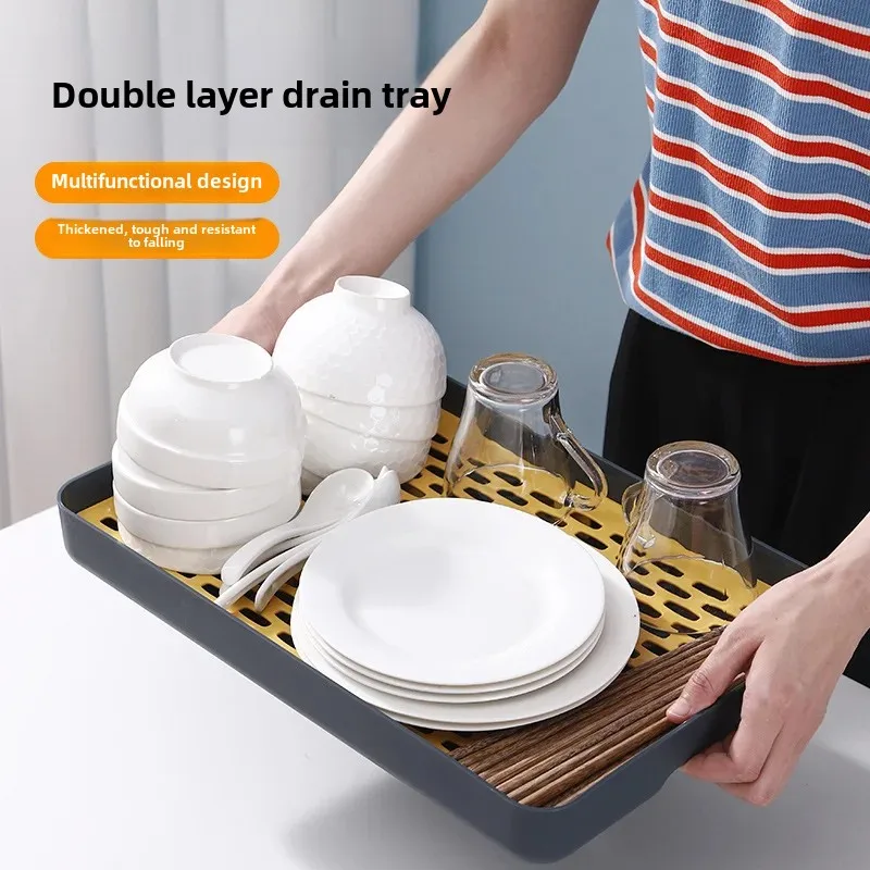 سميكة طبقة مزدوجة البلاستيك الإبداعية طويلة مستطيل صينية الشاي متعددة الوظائف حامل الكأس كأس استنزاف صينية ديكور المنزل