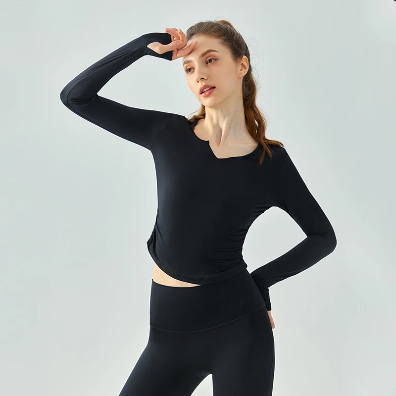 TRY TO BN Women Yoga Sports Long Sleeve Fitness Loose V -neck Nude Breathable T -Shirts Workout Tops Female Running Gym Clothing