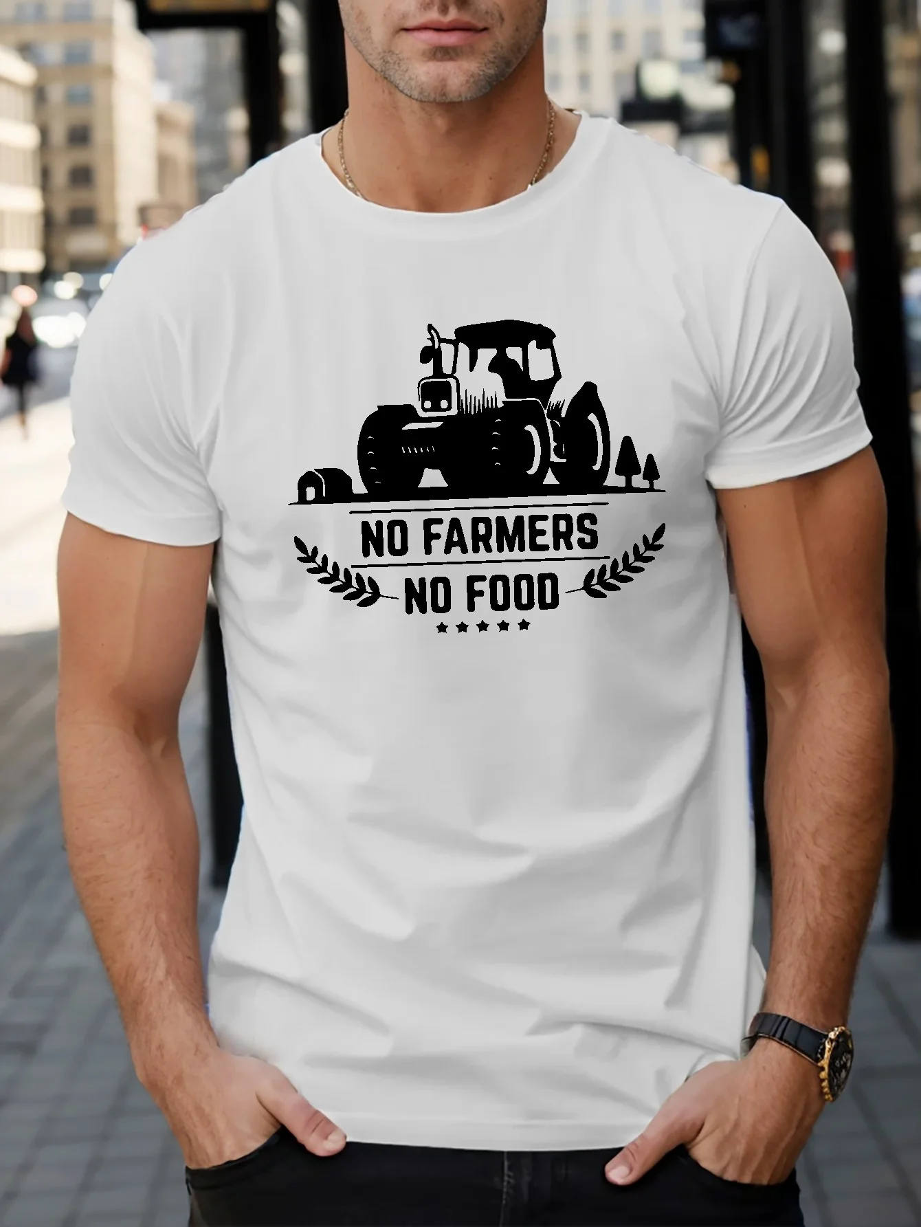 Men's summer 100% pure cotton fashionable casual loose NO FARMERS NO FOOD printed round neck short sleeved T-shirt top