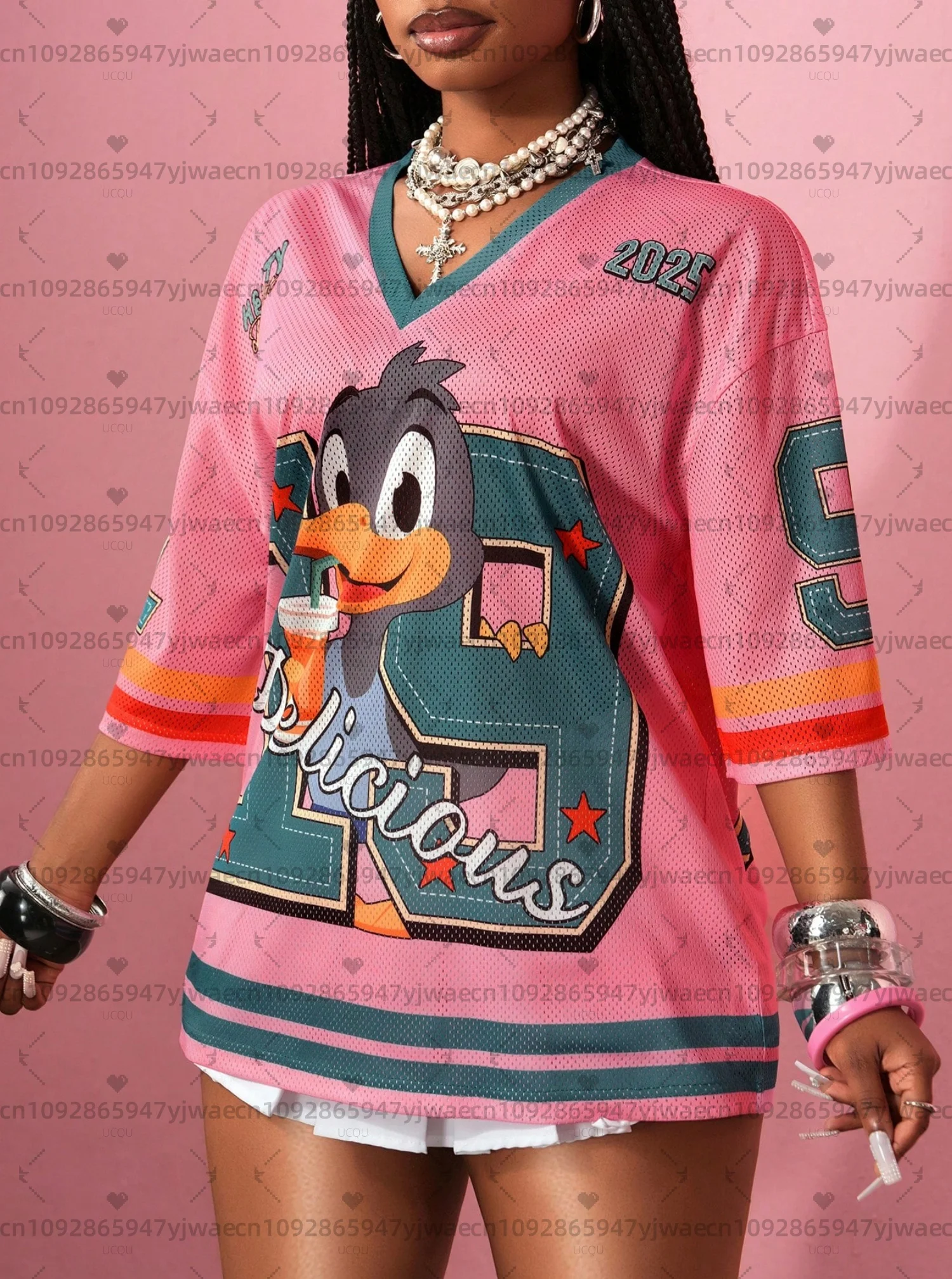 2026 Bird Number 19 Print T Shirt For Women Mesh fabric Striped V-Neck Tee Summer Harajuku Trend Short Sleeve Streetwear Tops