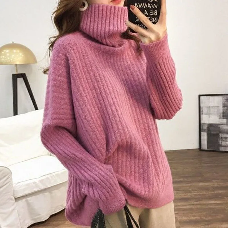 2023 Autumn and Winter Women\'s New High Neck Loose Knitted Sweater Thickened Solid Color Comfortable Versatile Pullover Top