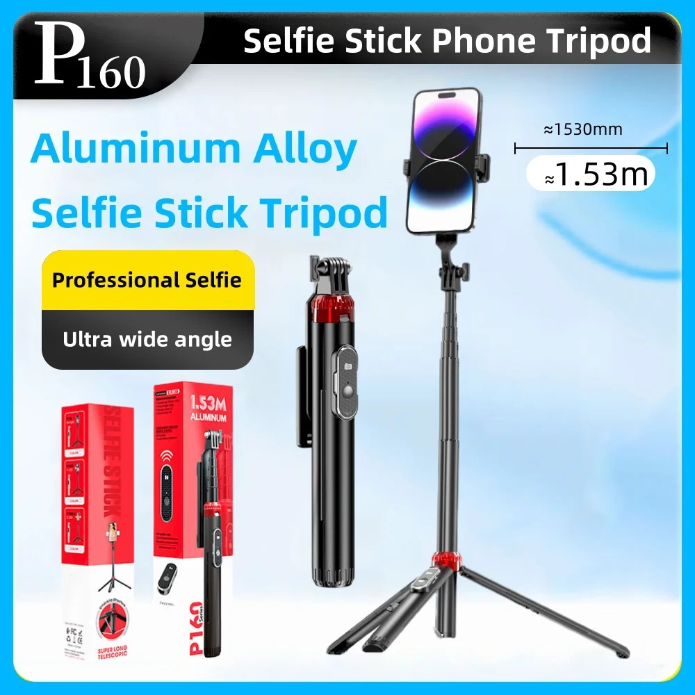 P160 Selfie Stick Tripod Bluetooth Selfie Stick 1.53m Extendable Portable Tripod for Phone Selfies Video Recording Vlogging