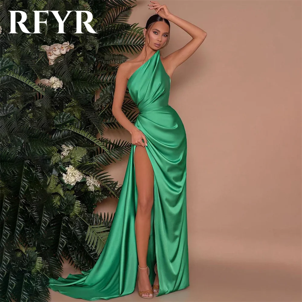 

RFYR Green Evening Dress for Party Satin One Shoulder Sleeveless Pleats Trumpet Prom Gowns Split Celebrity Dresses Customized