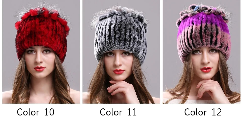 Strickmütze für Damen, 100 % echte Rex-Kaninchenfellmütze mit Blumen, Oberteile, warme, hochwertige Beanie-Damenmütze aus echtem Pelz für den Winter – Detail 5