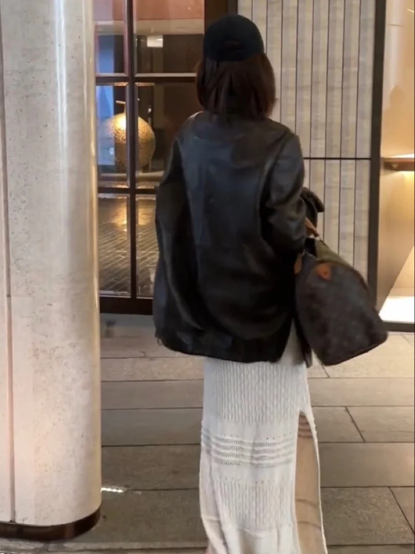 VIVI en cuir véritable surdimensionné décontracté Jaet eepskin Long manteau femmes Sle trajet vent couleur Pure boutonné manteau