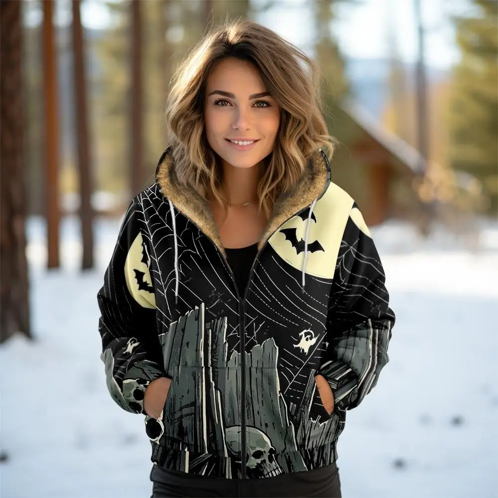 

Модное женское хлопковое пальто на молнии с капюшоном и 3D принтом на Хэллоуин, коричневое хлопковое стеганое пальто с независимой станцией (20) Flow