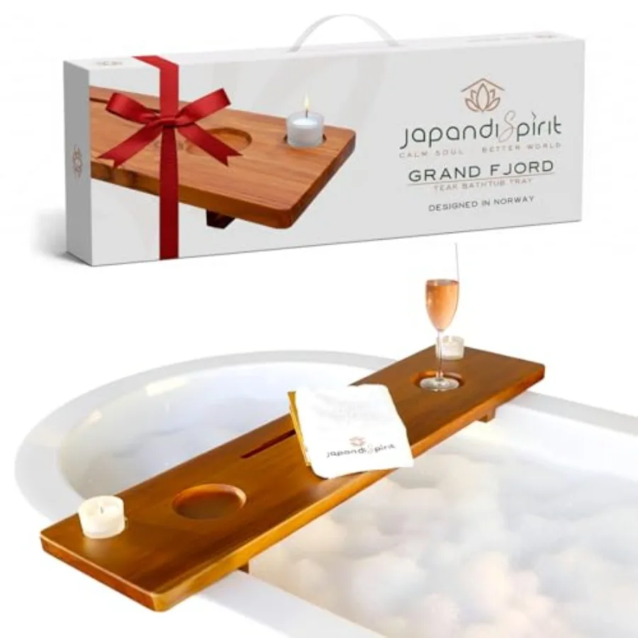

Grand Fjord Teak Bathtub Tray for Large Soaking Tub Extra Long 35 Luxury Bath Caddy for Freestanding Tubs Minimalist Wooden Tub