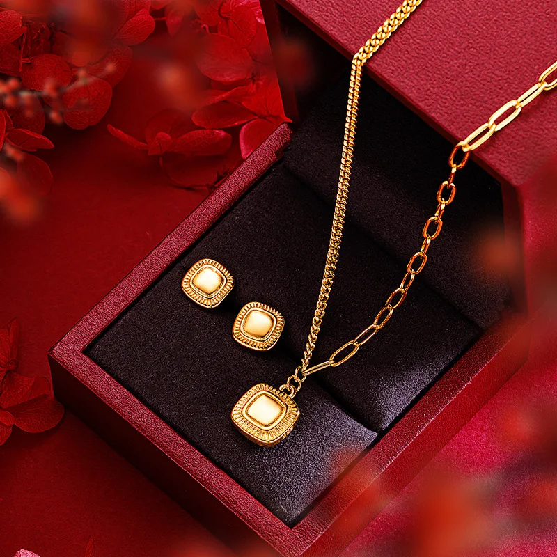 

Women's 9999 24K Real Gold Light Luxury High-end Fashionable Versatile Necklace and Earrings Set for Women Girl Wife Gift