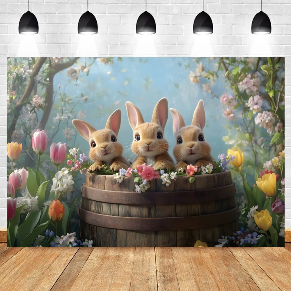 Spring Easter Photography Backdrop Cute Rabbit Colorful Eggs Flower Bunny Forest Kids Portrait Easter Background Photo Studio