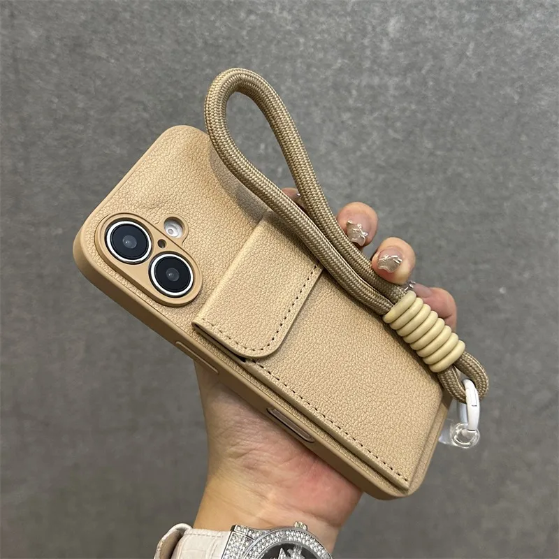 محفظة فتحة للبطاقات حامل حامل بو الجلود القضية آيفون 16 13 12 11 14 15 برو ماكس 16 زائد Xs Xr شريط للرسغ غطاء الحبل