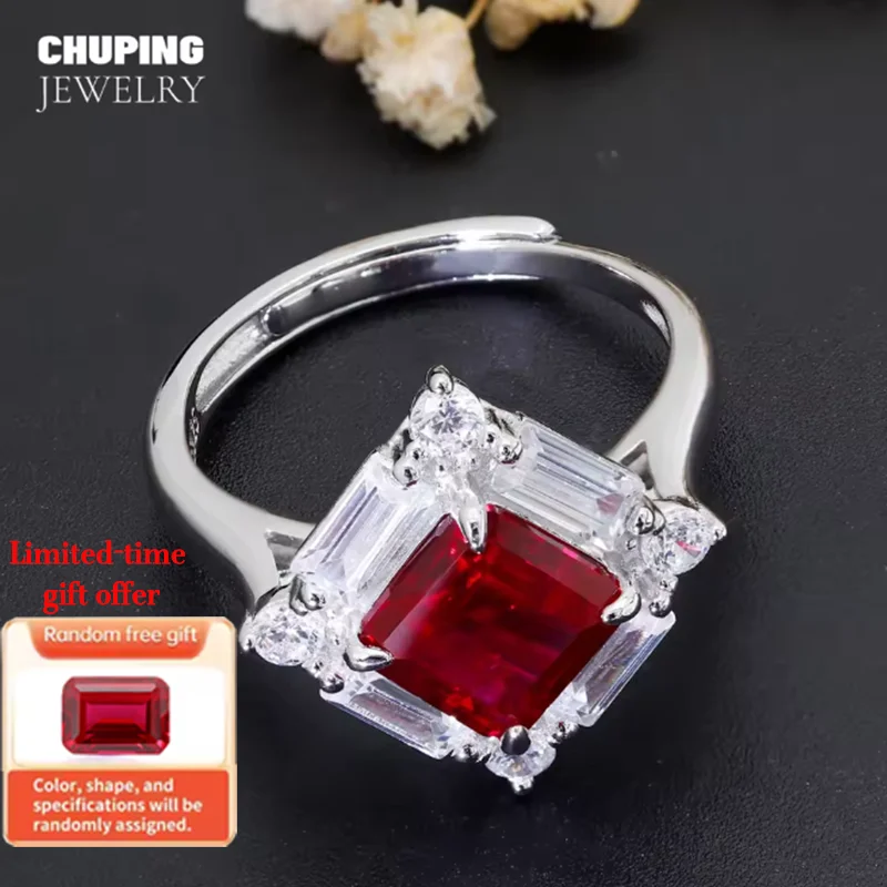 

ChuPing Fine Jewelry Lab Grown Rubin Ring S925 Серебряная Изумрудная огранка 7*7 мм 1,85 карата Роскошный подарок на День святого Валентина для женщин Классическая дата