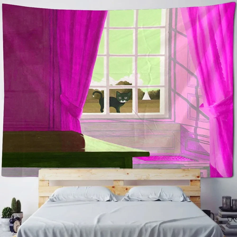

Home Wall Decoration Hanging Cloth Window Scenery Illustration Art Print Tapestry Bedroom Living Room Cartoon Background