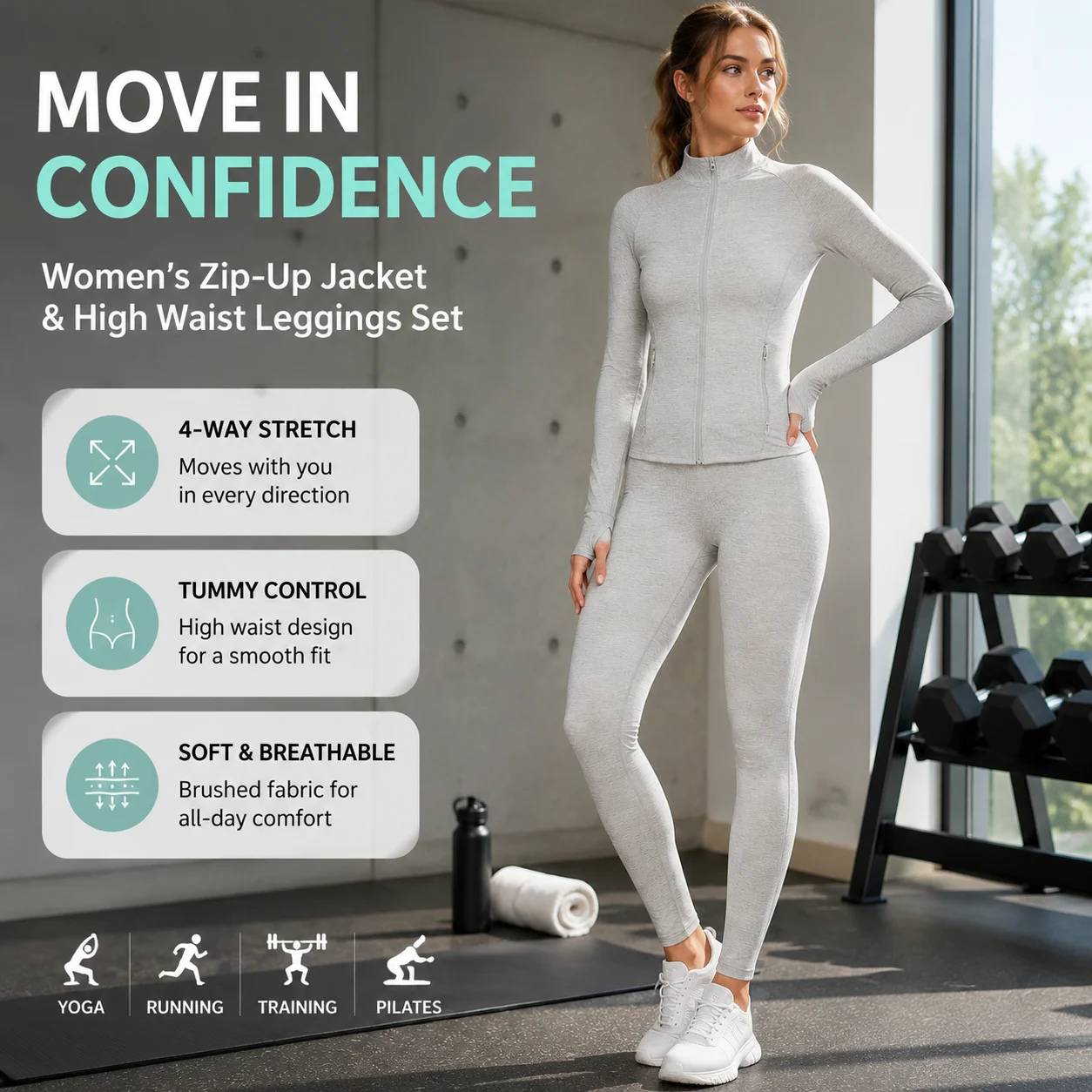 Women's Zip-Up Jacket & High Waist Leggings Set - Cationic Brushed Tummy Control Yoga Gym 2-Piece Suit, Multiple Colors, S-XL