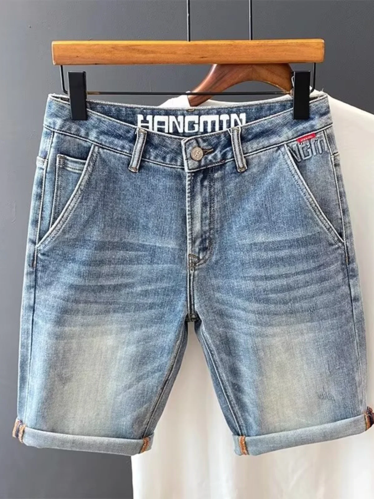 

Высококачественные мужские джинсовые шорты прямого кроя, летние, эластичные, модные, молодежные, износостойкие, длиной до колена