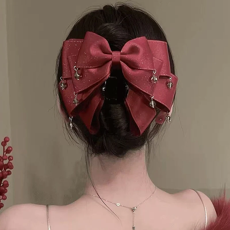 

French Retro Bow Beads Claw Clip Korean Fashion Red Ponytail Clip Women's Hairpin Hair Accessory