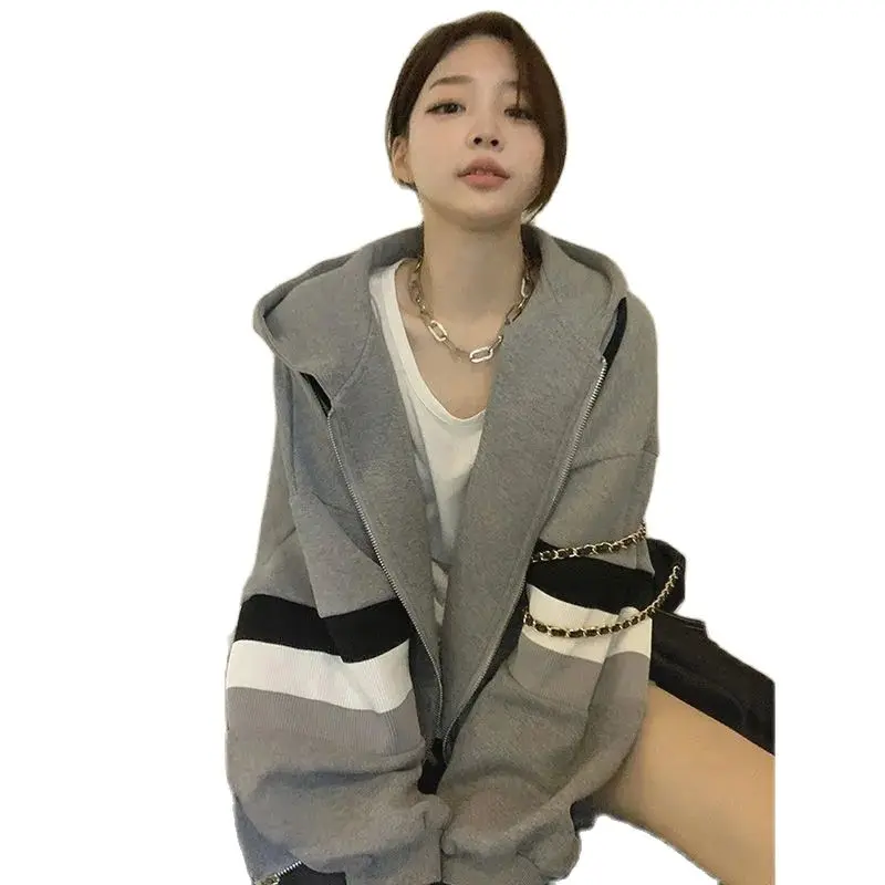 Cardigan Gray Hoodie Woman 2023 Spring and Autumn New Thin Korean Version of Loose Retro Chic Port Taste Hooded Top Female Coat