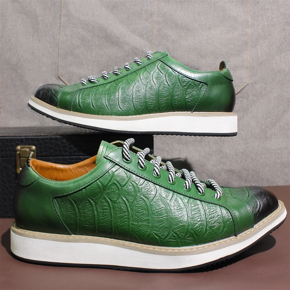 Men's Casual Leather Shoes Green Warm Height-enhancing Lace-up Handmade Shoes Comfortable Office Elegant Banquet Men's Shoes