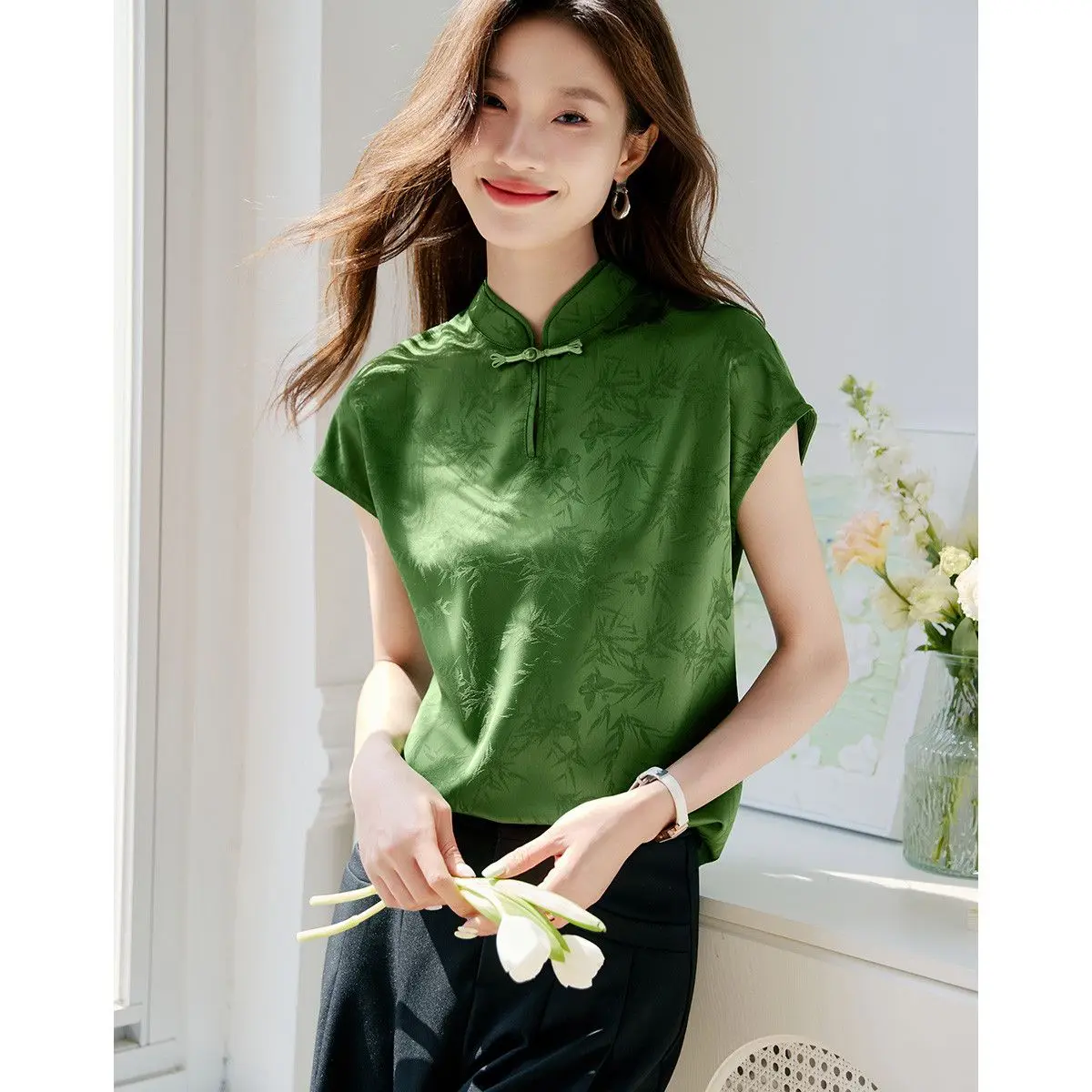 

New Chinese Style Button T-Shirt Women's Short Sleeve Summer Green Top