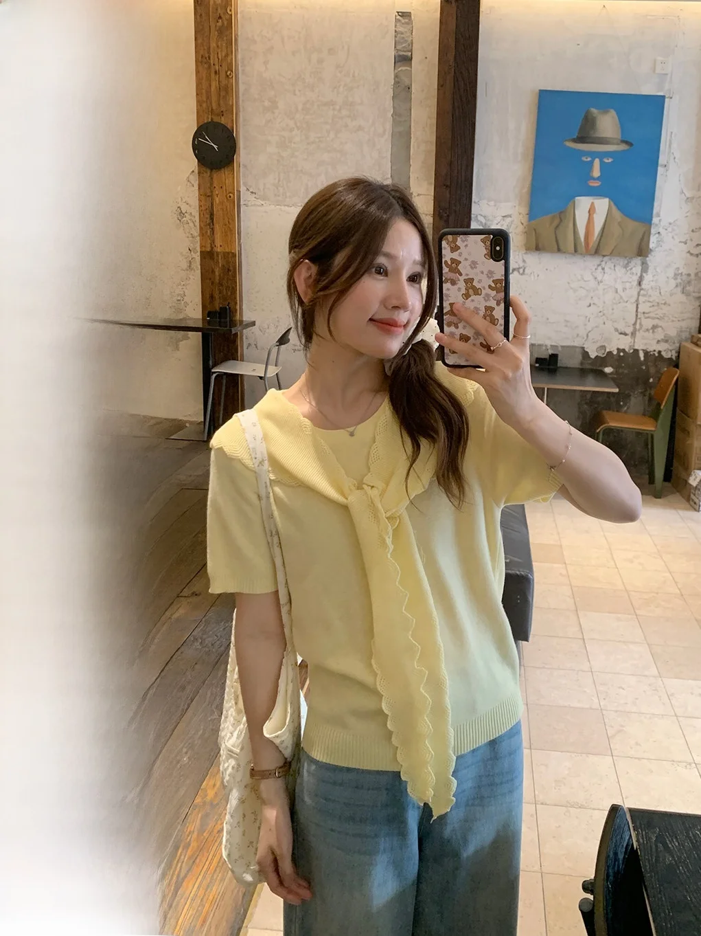 

Korean Style Knitted Short Sleeve Shoulder Wrap Top Soft Acrylic Loose Fit Regular Length Color round Neck Ladies Shirt
