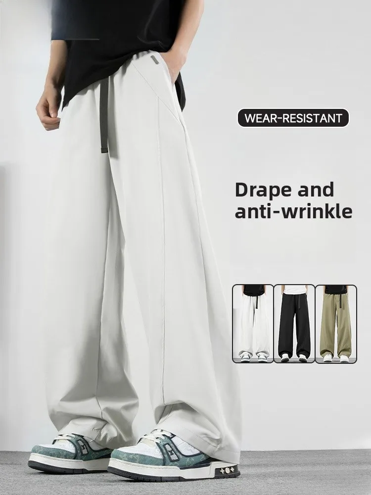 

Yaloo Men's Casual White Straight Leg Pants Summer Qui Dry Loose Fit Versatile Wide Leg Long Sports Trousers