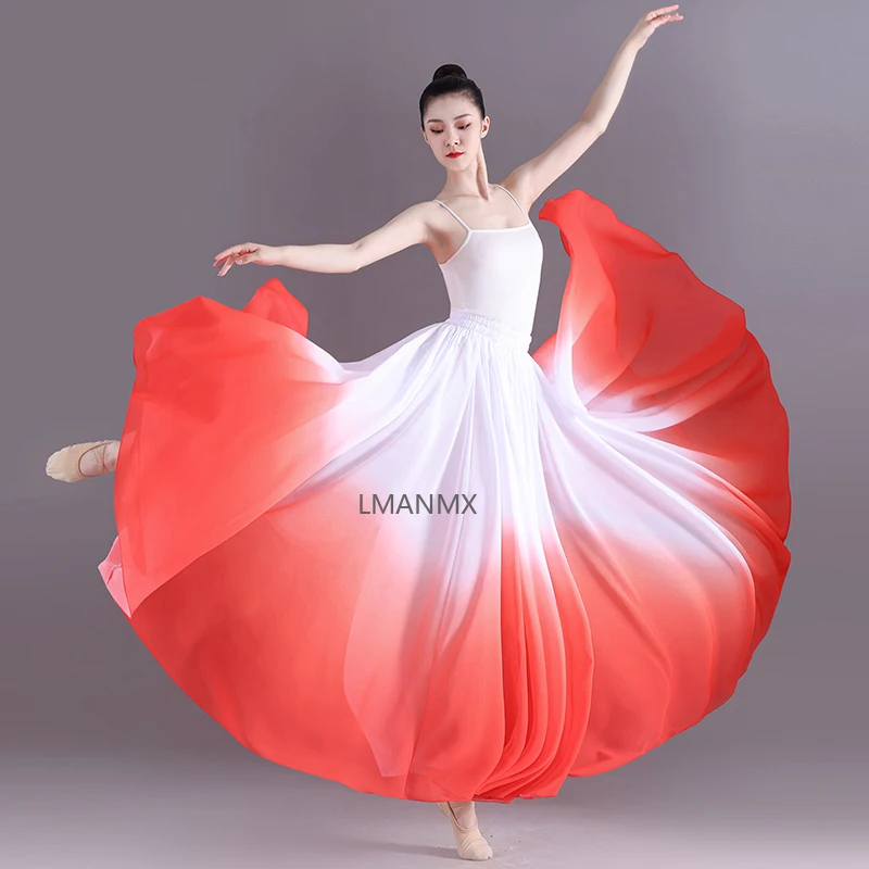 Dames Klassieke Dansrokken Oefenen Kostuum360/720 Graden Gradiënt Gaas Chiffon Elegante Uitvoering Halve Jurk Chinese Stijl