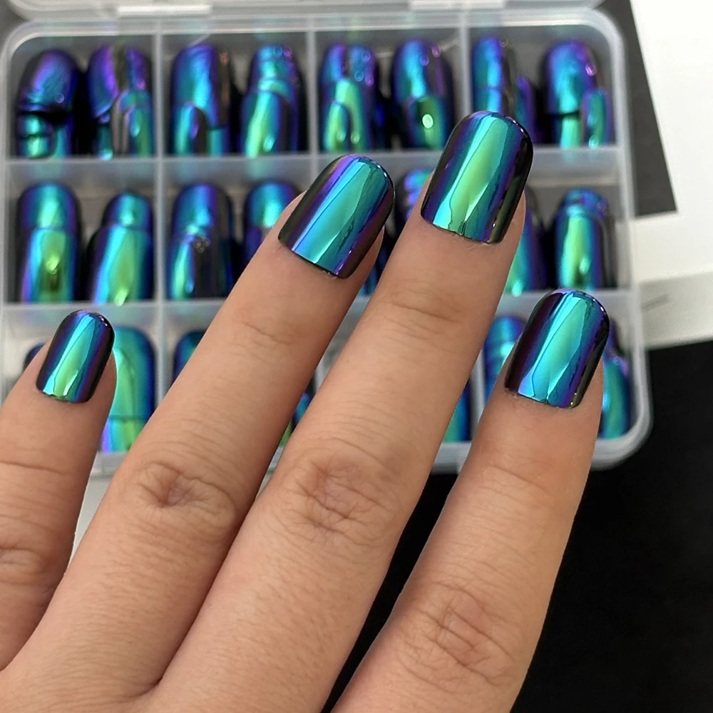 144Pcs Chameleon Chrome Short Round Fake Nails Holographic Plating Press On Nail Metallic Mirror Effect Wearable False Nail Tips