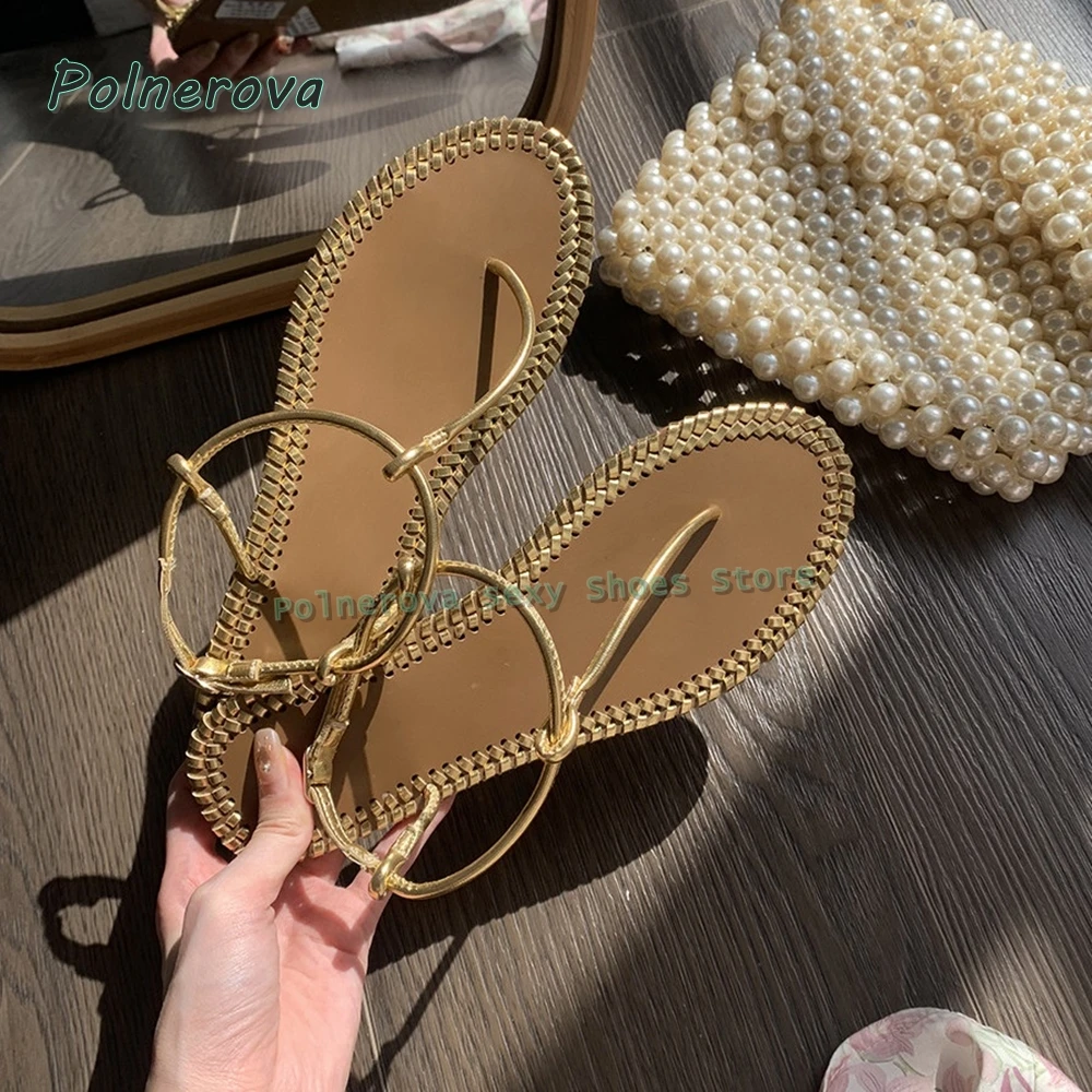 Women's Gold Metallic Flip Flop Sandals Flat Heel Ankle Strap Braided Edge Summer Beach Casual Thong Shoes 2026 Summer Trend