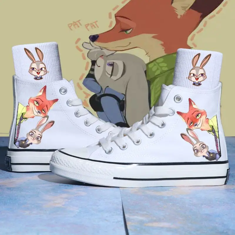 Disney Zootopia Sport Shoes Kids Tennis Shoes Cartoon Nick & Judy Print Basket Shoes Teenager White Shoes Couple Casual Sneakers