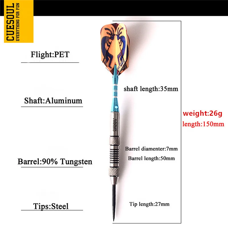 CUESOUL 3 pezzi 26 g di freccette professionali con punta in acciaio con canna di freccette al tungsteno