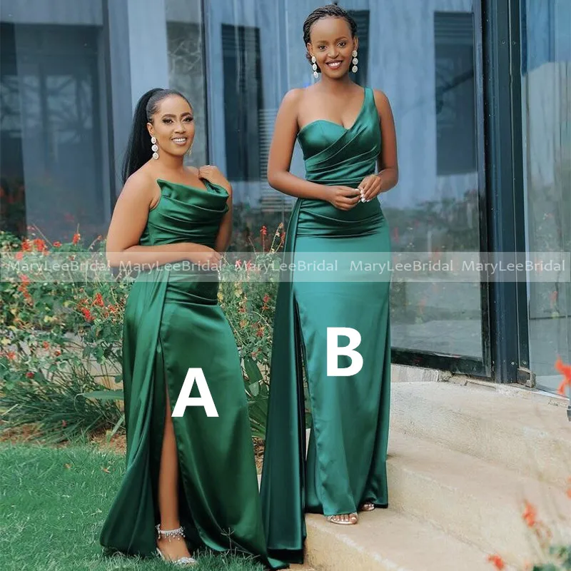 

Emerald Green Mermaid Bridesmaid Dresses With Ribbon One Shoulder Pleat Satin Side Split Maid Of Honor Dress robe mariage invité