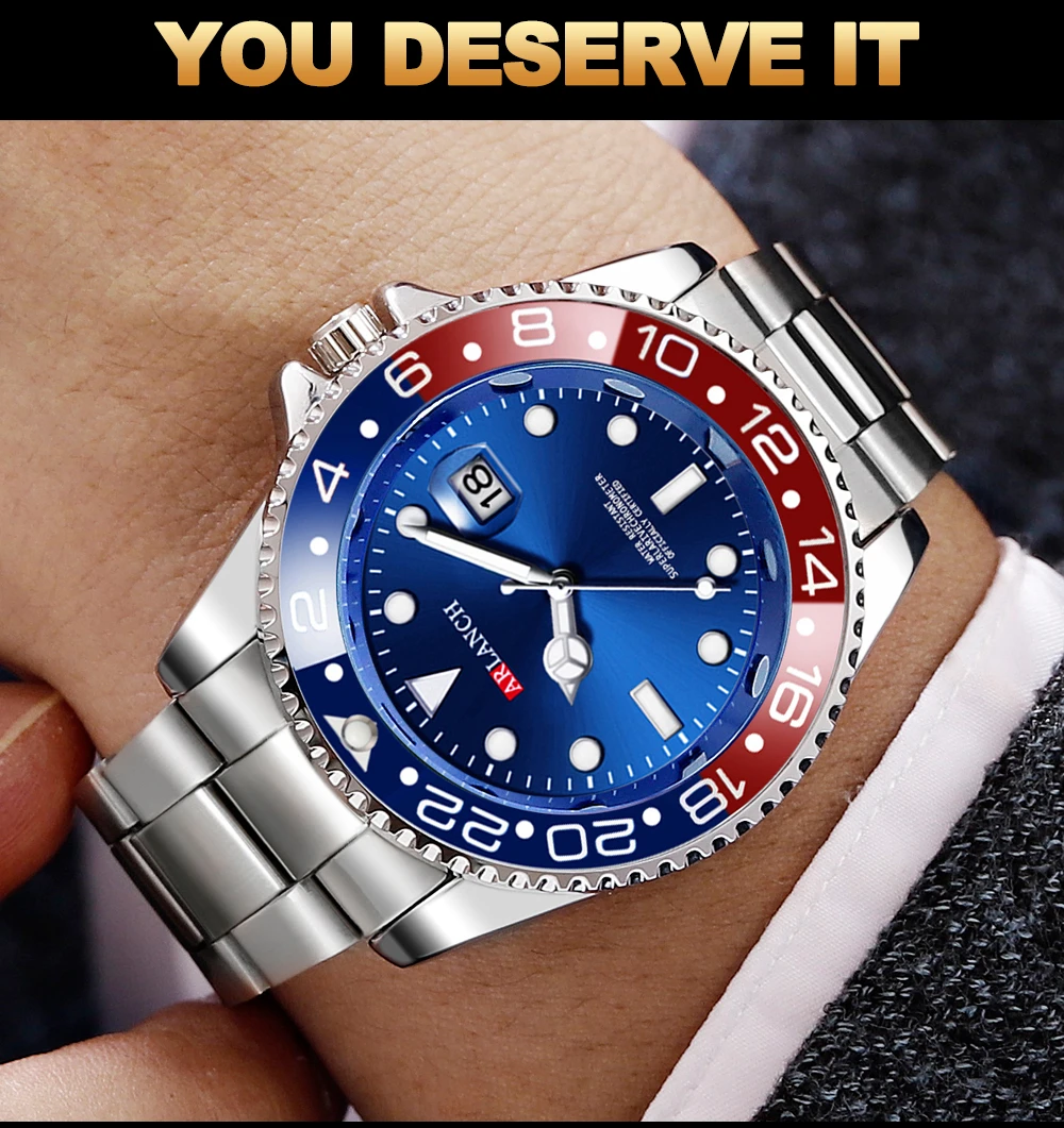 Business-Edelstahluhr 40mm Klassische Rot-Blaue Kreis-Taucheruhr mit Vergrößerungsglas und Kalender Quarzuhren montre homme – Detail 15