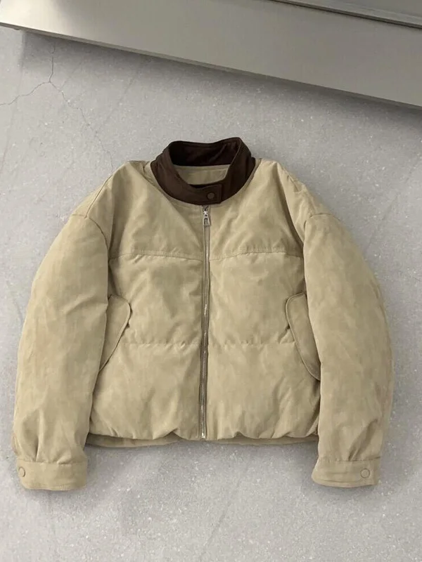 

Retro Fashion Khaki round Neck Zipper Cotton Jacket Women's Winter New Style Korean Version Warm Versatile Cotton Clothes