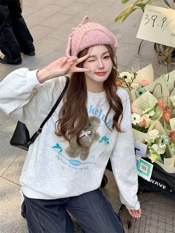 

Gray Hoodie Women's round Neck Bear Knot Sweatshirt Versatile Autumn Design Overhead Shirt Cotton Blend Long Sleeve Korean Style
