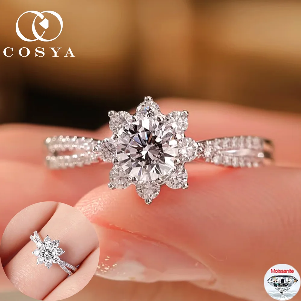 COSYA 0.5CT 5mm Moissanite Flower Halo Rings For Women 100% S925 Silver D VVS1 Lab Diamond 2 Rows Wedding Band Fine Jewelry Gift