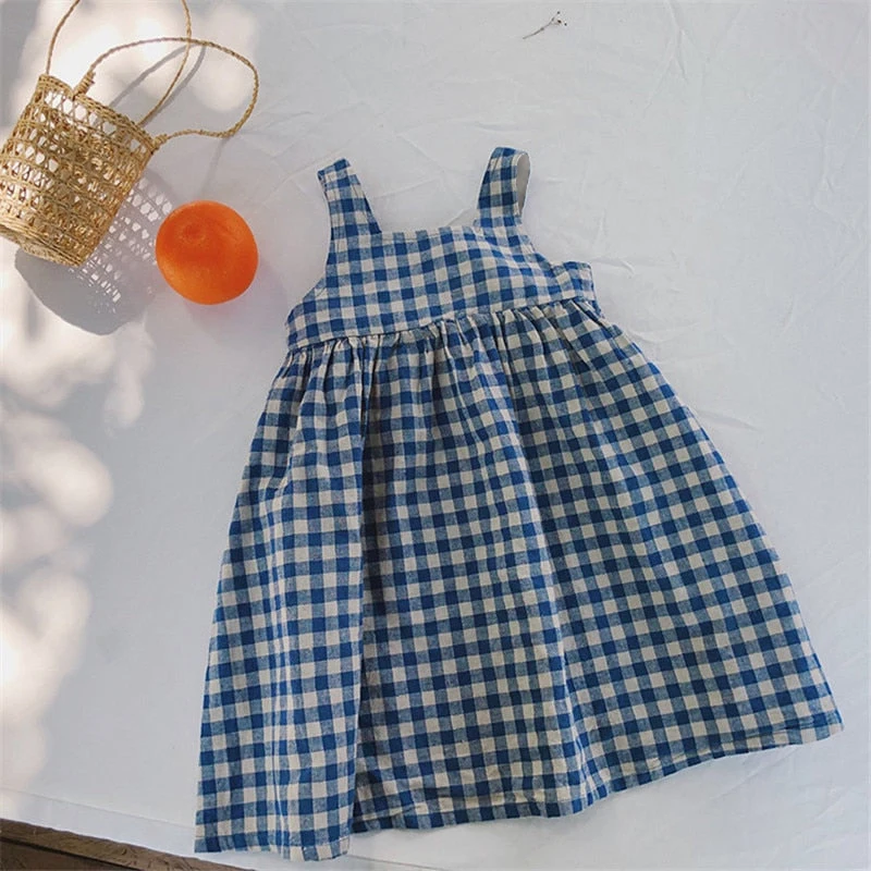 Girls Korean Blue Plaid Dress Summer New Cotton And Linen Children\'s Cute Bow Tie Sleeveless Halter Suspenders Dresses