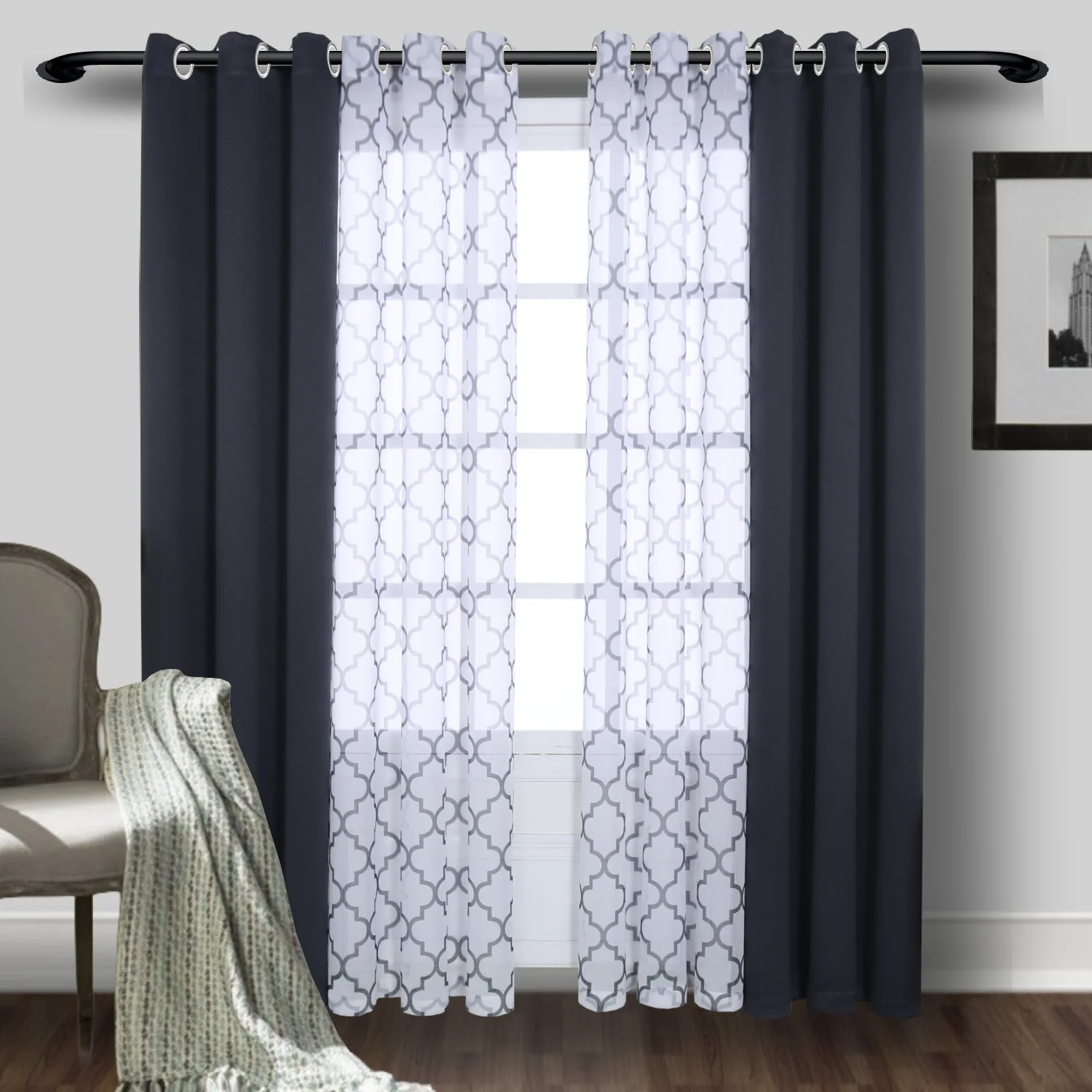 2PCS Curtains, 1PC Moroccan Print Sheer Curtains And 1PC Blackout Curtains For Bedroom, Living Room Grommet Window DrapesOffice