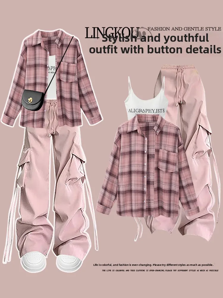Large Size Pear Shaped Body Suit Women's Spring Summer Floral Print Vest Retro Plaid Shirt Casual Pants Fashionable Workwear Set