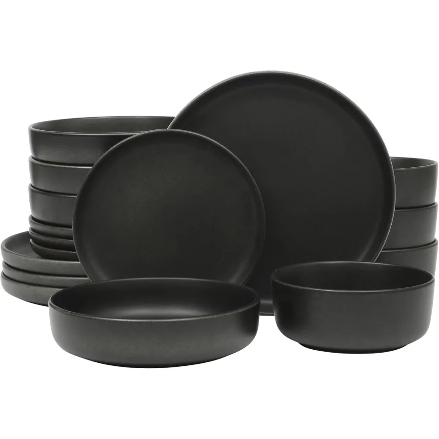 

Pasco 16 Piece Service for 4 Plates and Bowls Double Bowl Reactive Glaze Dishes Stoneware Ceramic Dinnerware Set Black