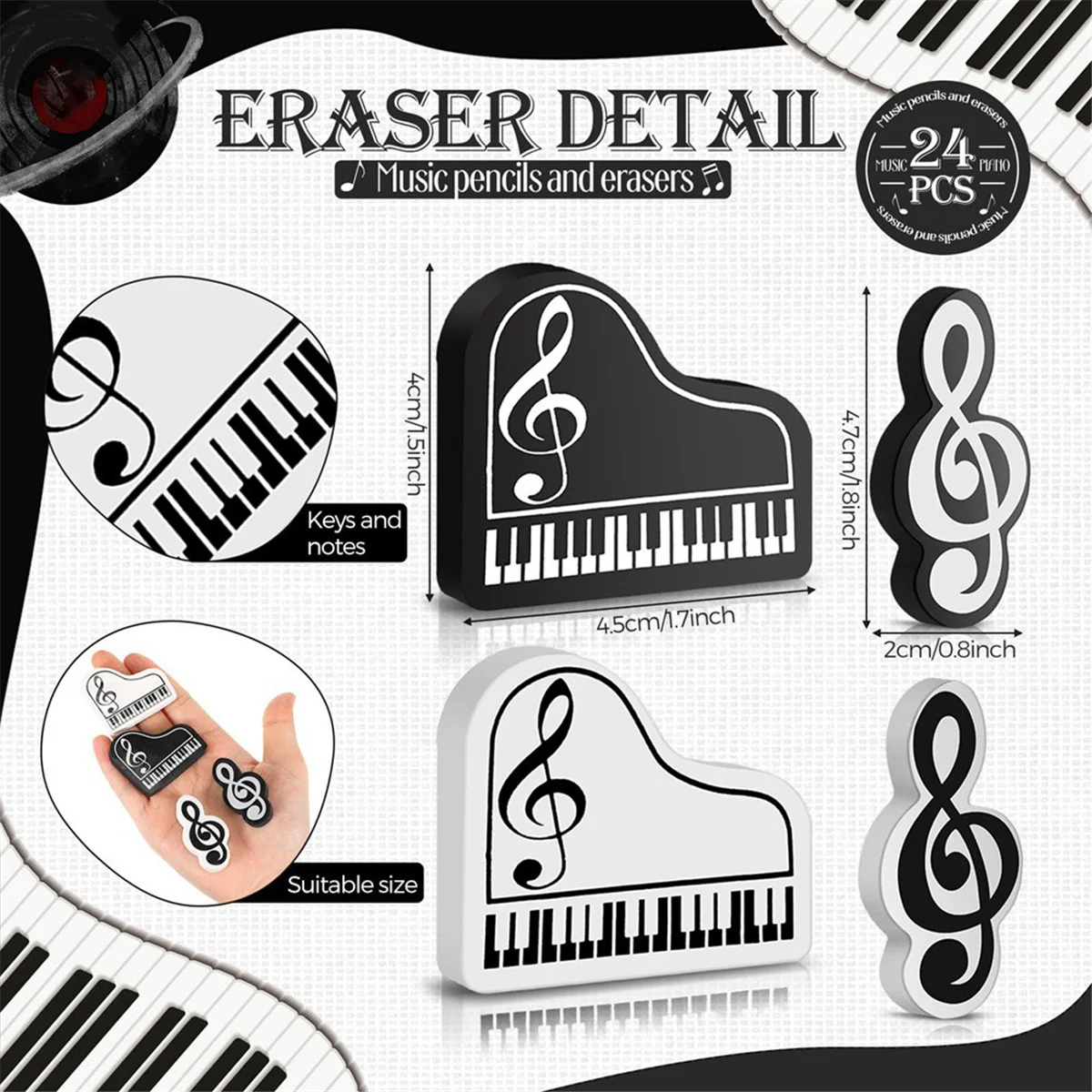 Gfc-Music Pencils Music Note Pencil with Music Themed Erasers Wood Pencils Bulk Keyboard Fun Pencils Erasers Gift (48 Pcs)