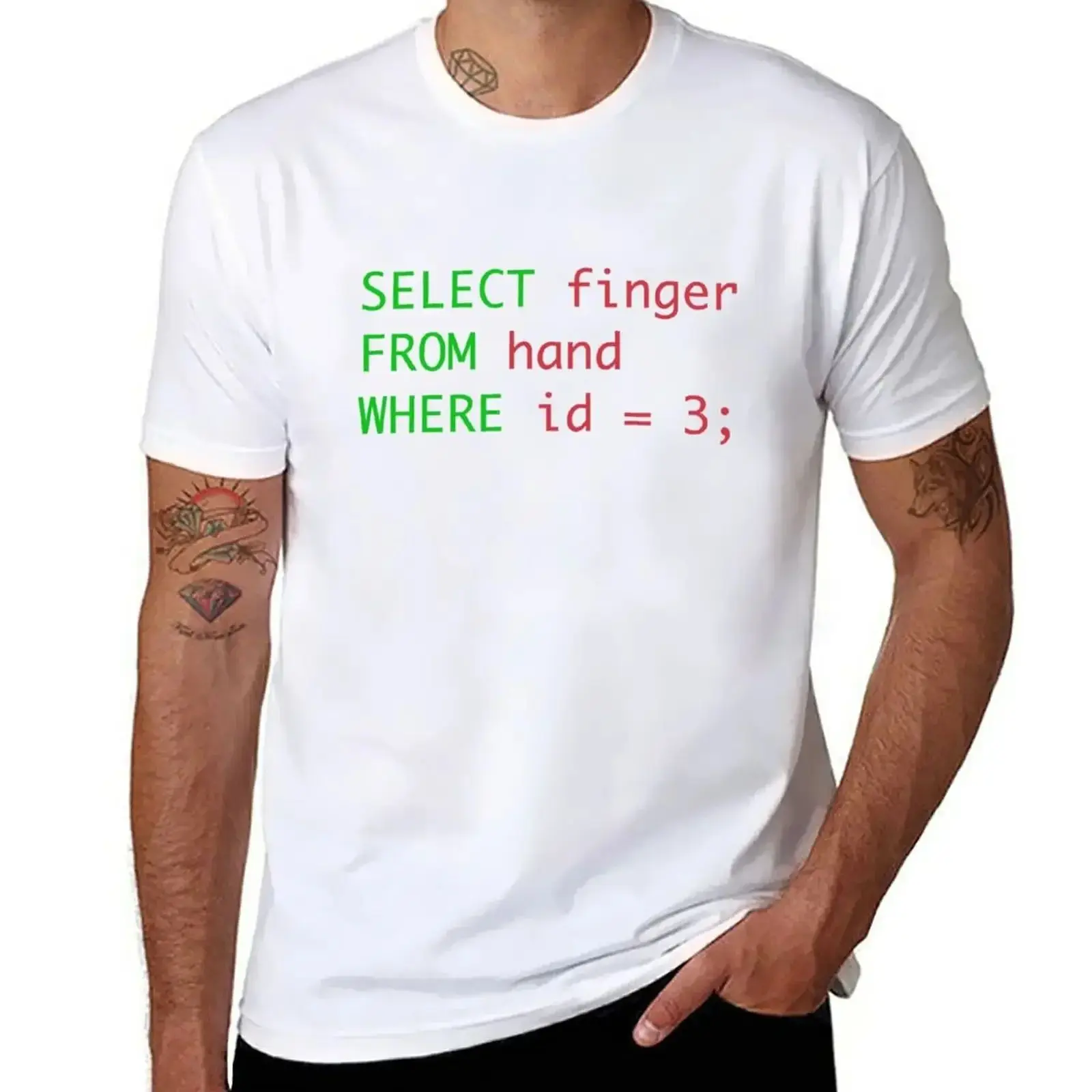 New SQL Query Humor Select Finger From Hand Where Id = 3 T-shirt Cute Top T-shirt Men's Clothes Fashion Trend Clothing