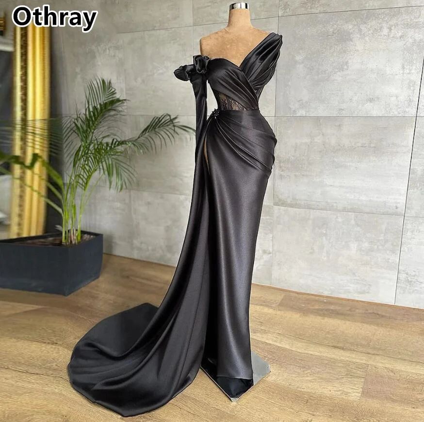 

Othray Black Satin Evening Dresses Charming Single Long Sleeves Pleats Mermaid Women Formal Prom Gowns vestidos de fiesta