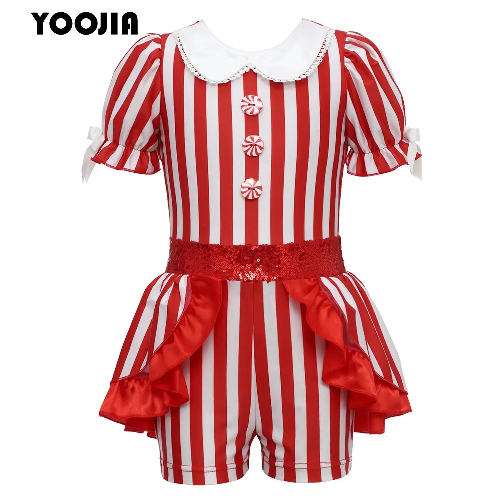 

Girls Christmas Elf Costume Candy Cane Jumpsuit Jazz Latin Dance Costume Sequins Bowknot Ballet Dance Shorty Unitard Dress
