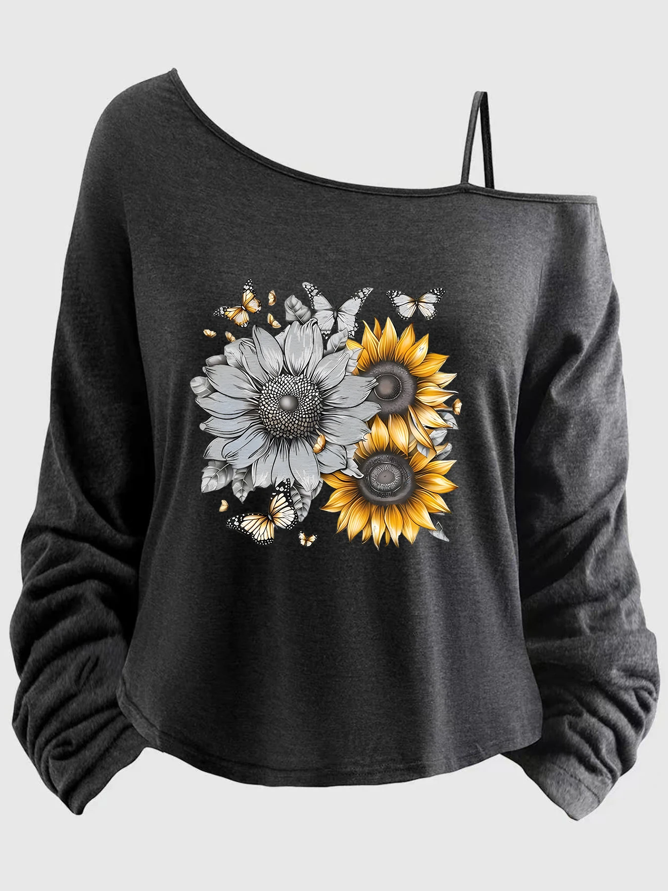 

Large-sized women’s top with printed sleeves, spaghetti straps, asymmetrical neckline, 1-8XL, letters (XT).