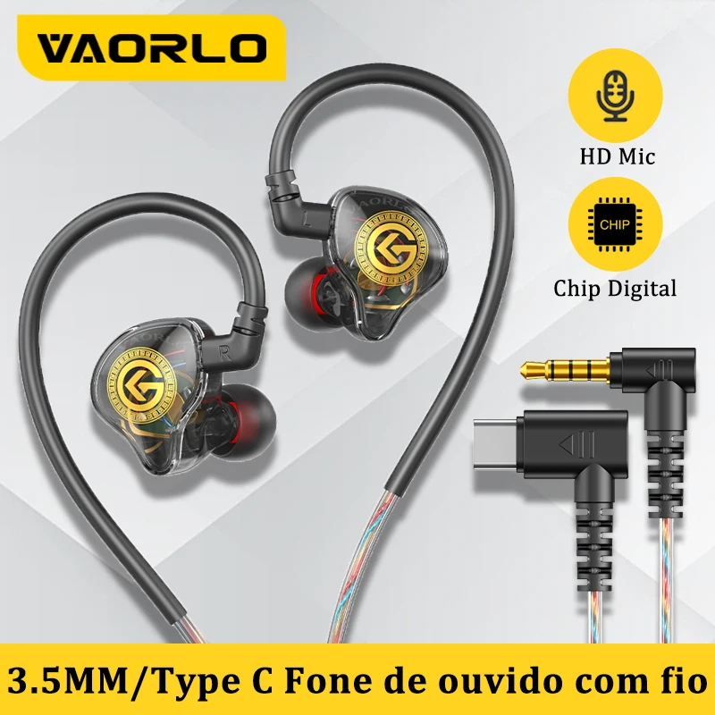VAORLO Ponto de ouvido com fio de alta qualidade 3,5 mm/tipo C CHIP digital no fone de ouvido com fone de ouvido com microfone para iPhone 15 Android Samsung Huawei Xiaomi
