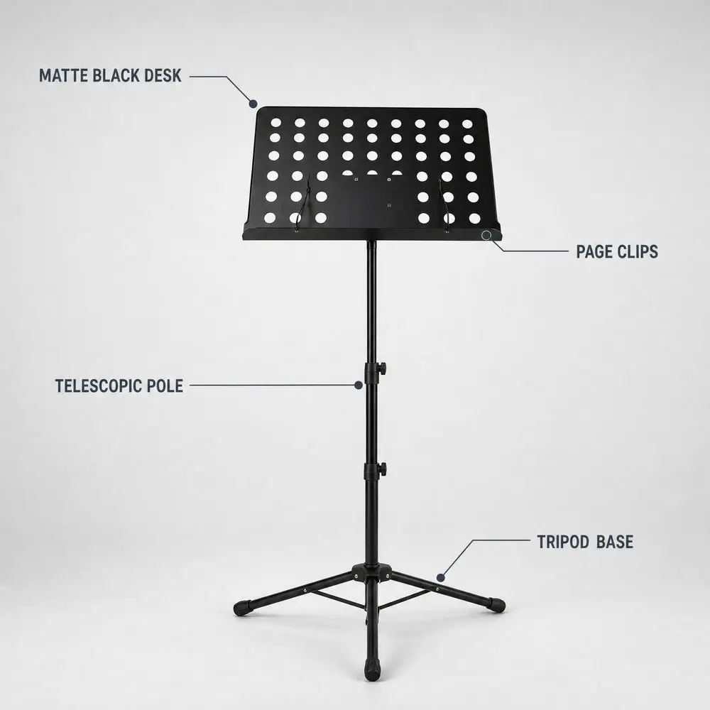 Matte Black Metal Music Stand Adjustable Telescopic, Sheet Music Stand Collapsible Tripod with Lamp Clip for Practice