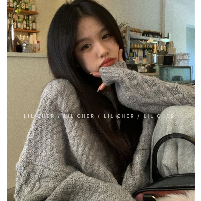 Winter Women Blue Sweater Crew Neck Twist Korean Fashion Lazy Wind Leisure Loose Vintage Pullover Long Sleeves Knitting Tops