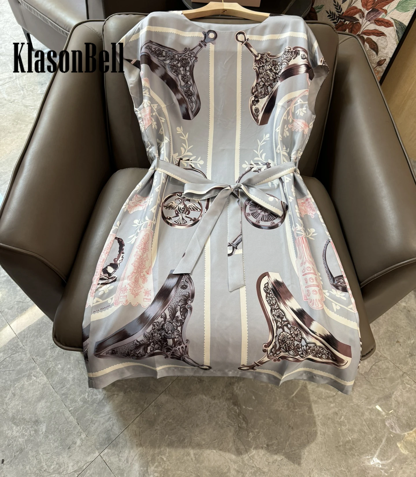 4.18 KlasonBell Elegant Vintage Print 100% Silk Dress 2024 Spring Summer New O-Neck Sashes Collect Waist Midi Dress